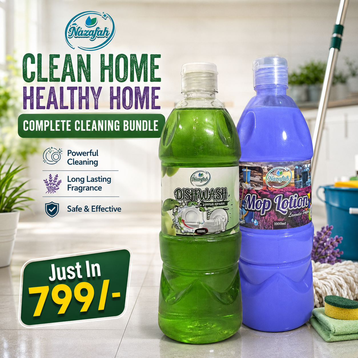 Dishwash + Mop lotion Pack of 2 Cleaning bundle (Dishwash 1000ml + Mop lotion 1000ml) - Image 1